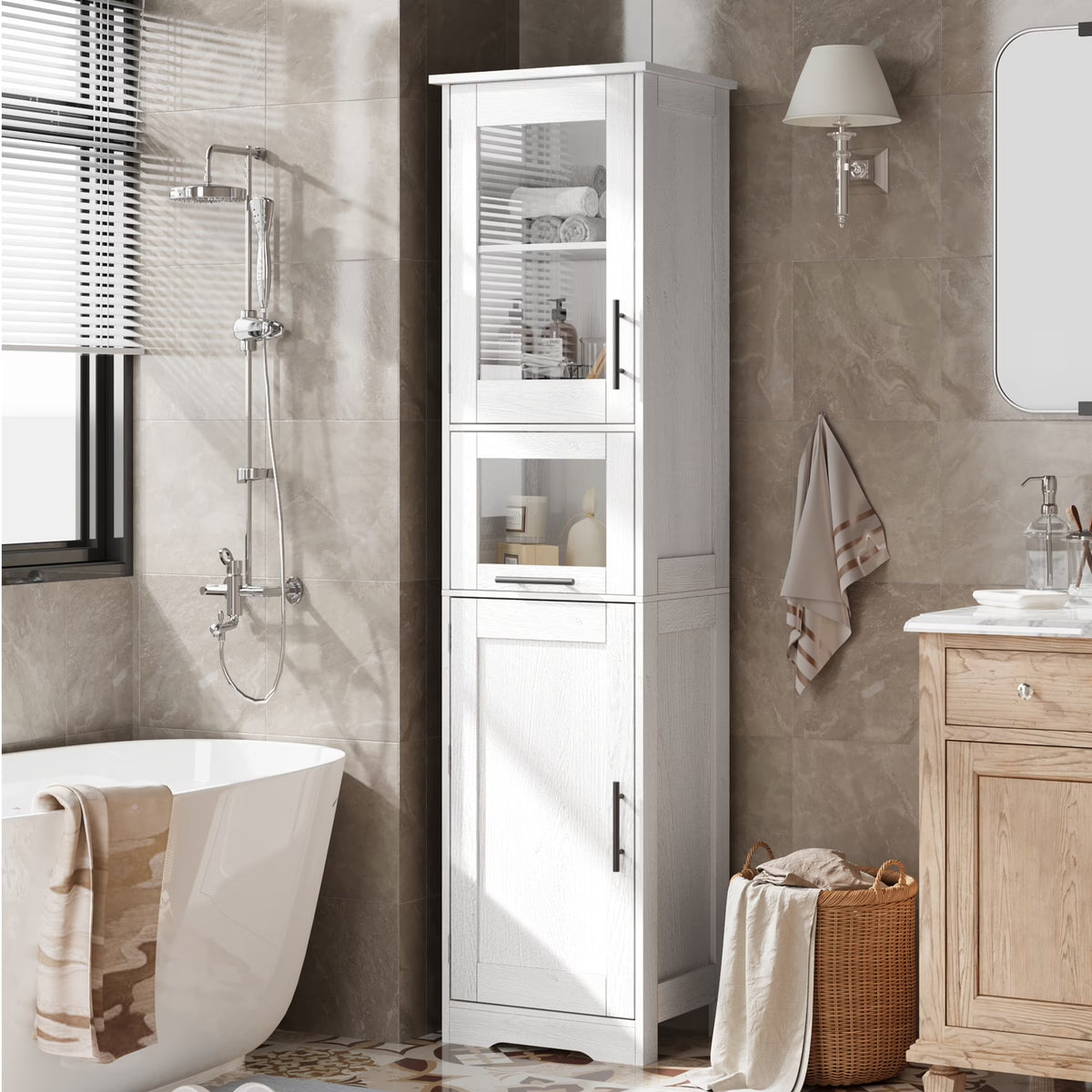 Bathroom Cabinet, Tall Storage Cabinet with Doors and Adjustable Shelf, Freestanding Floor Pantry Cabinet for Kitchen, Living Room, Laundry Room